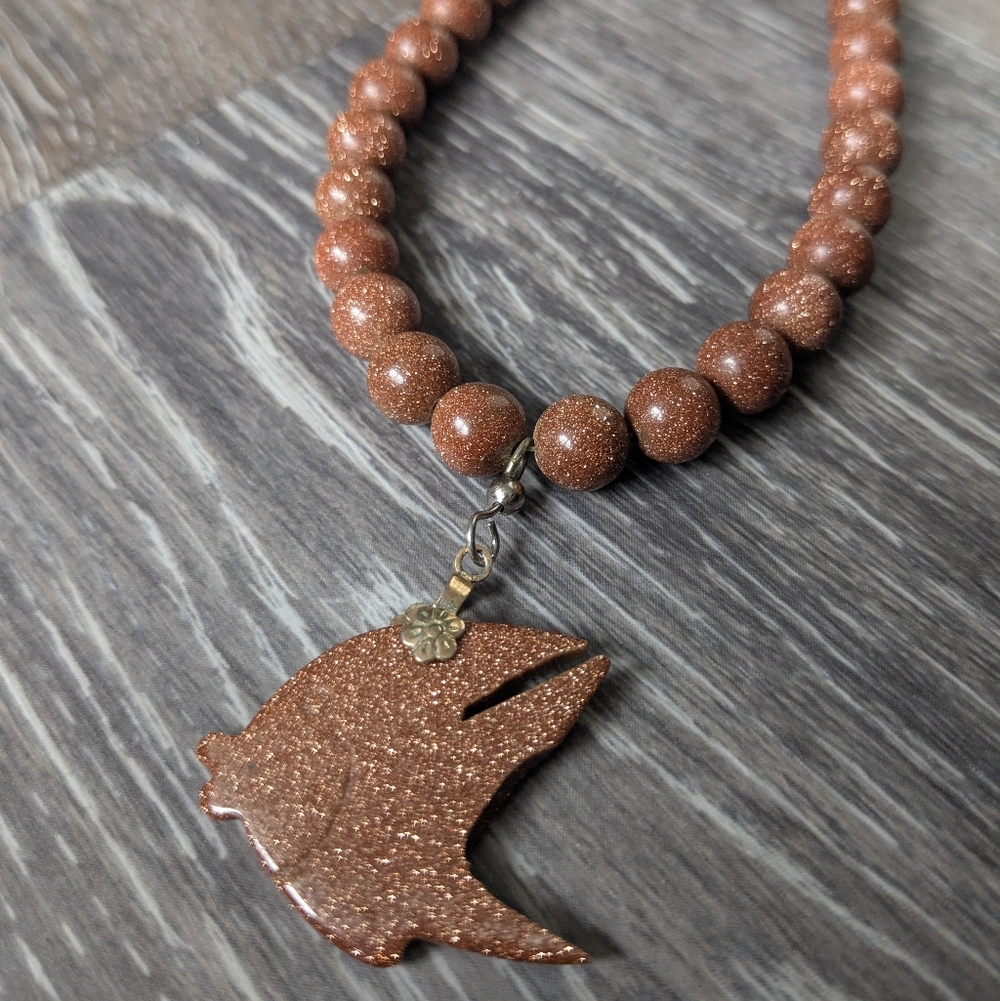 Vintage Goldstone Bead Necklace with Fish Pendant